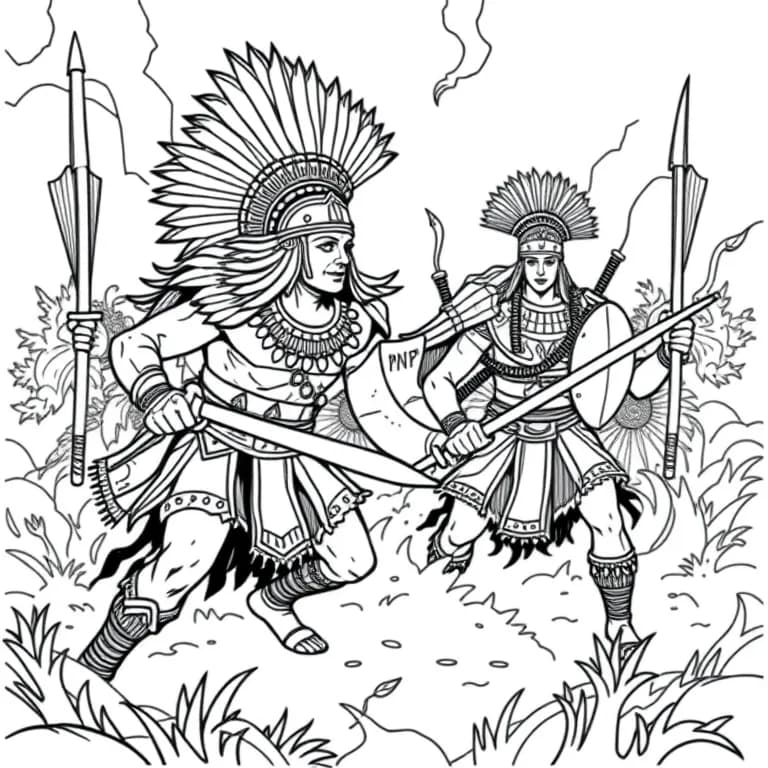 Aztec warriors in battle scene