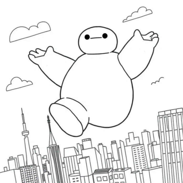 Baymax flying over the city