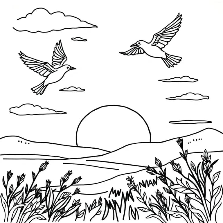 Birds flying over a sunset