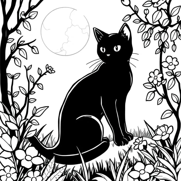 Black cat in a moonlit garden