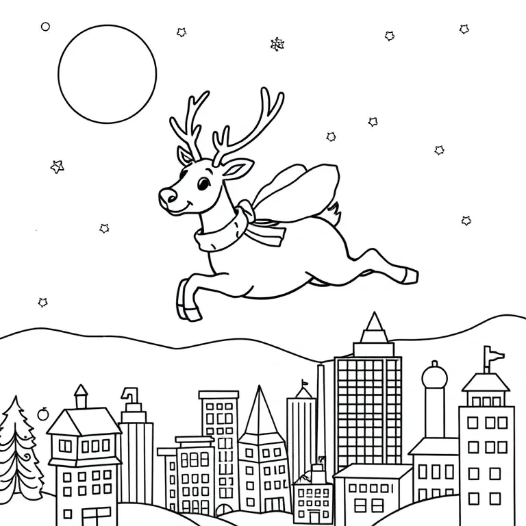 Reindeer flying over a city