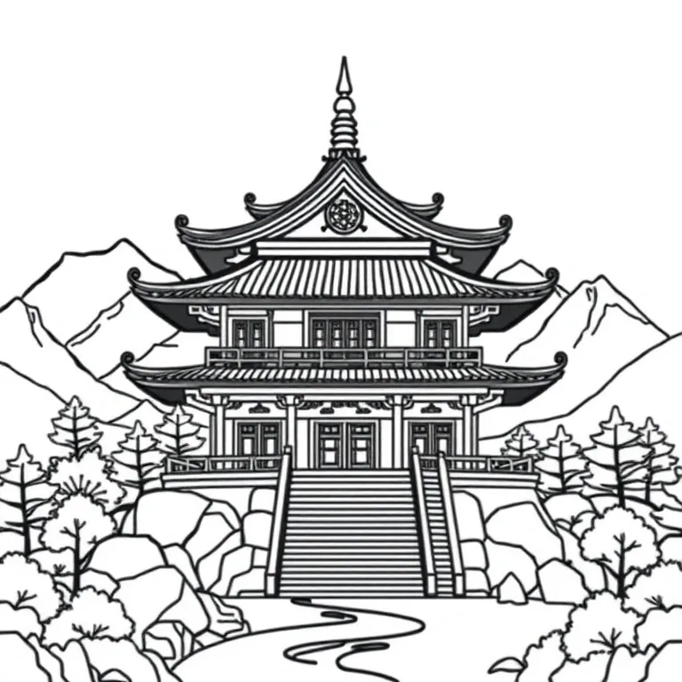 Asian temple surrounded by mountains