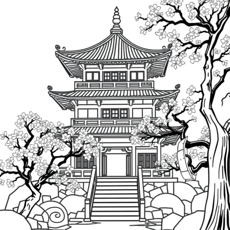 Asian temple with cherry blossoms