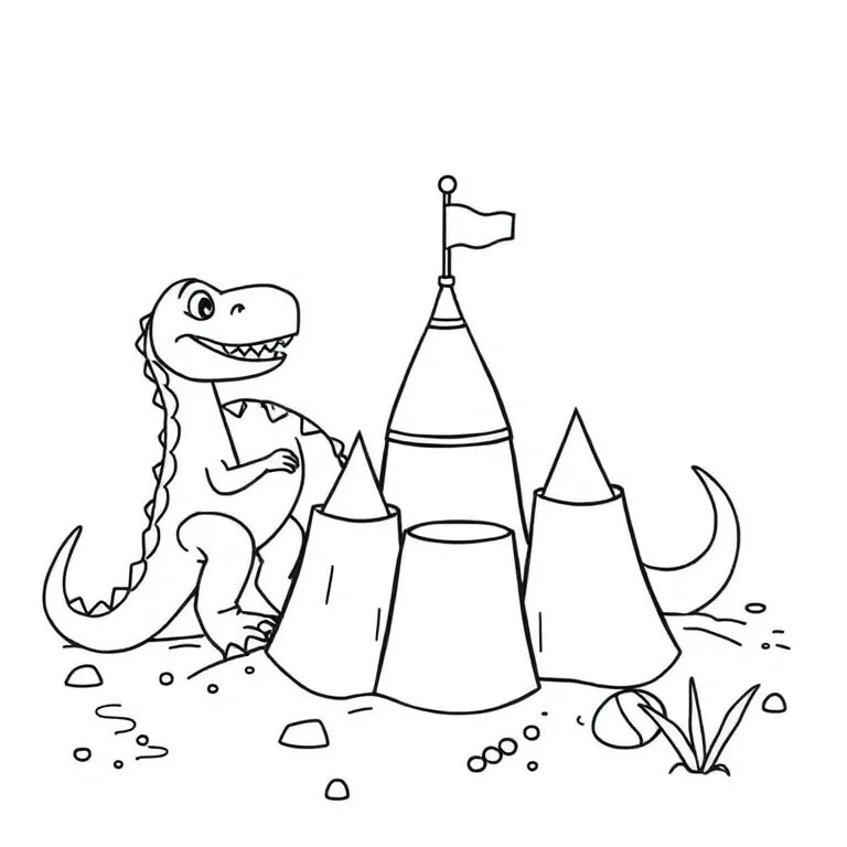 Dinosaurs building a sandcastle