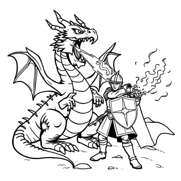 Dragon breathing fire at a knight