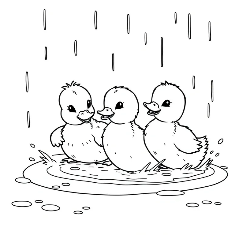 Ducklings splashing in a rain puddle