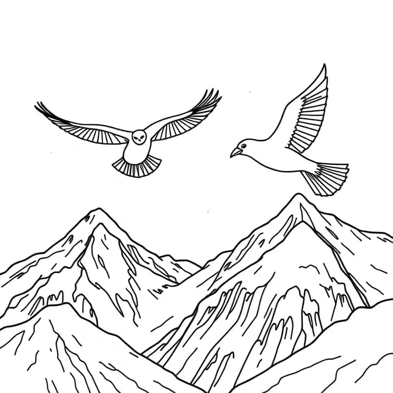 Birds soaring above snowy mountains