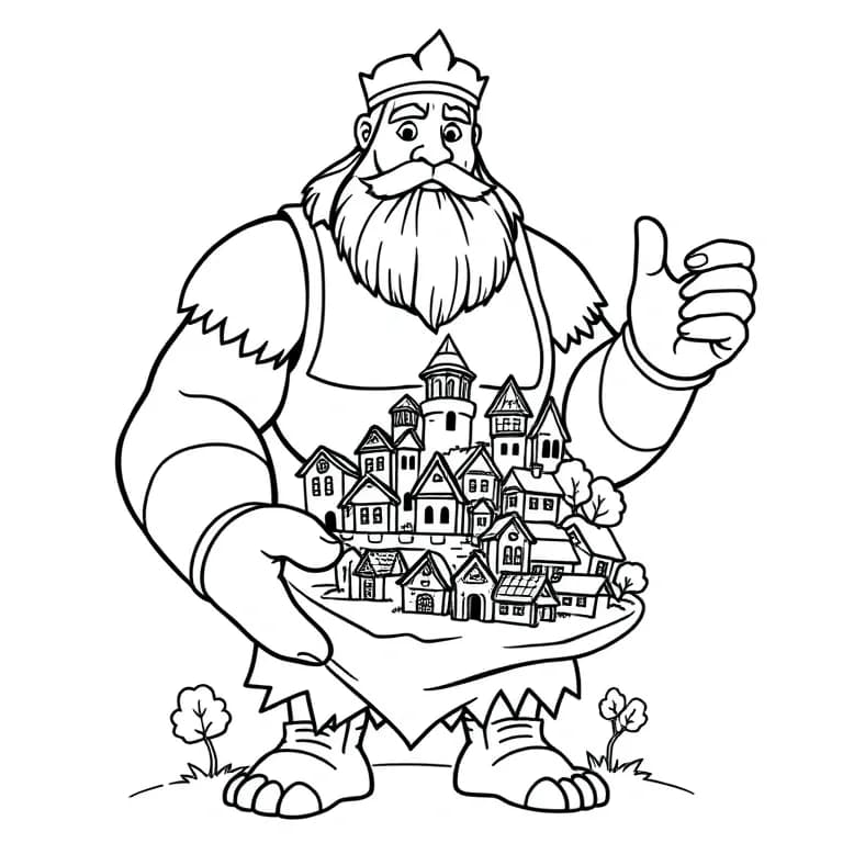 Giant holding a tiny village