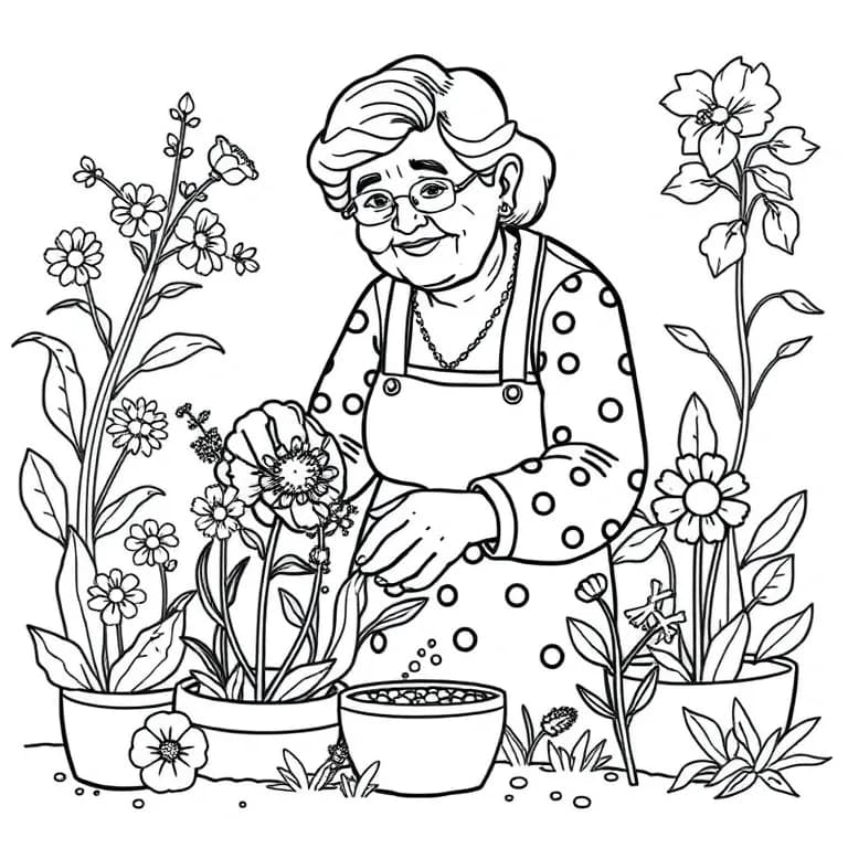Grandma gardening with flowers and plants
