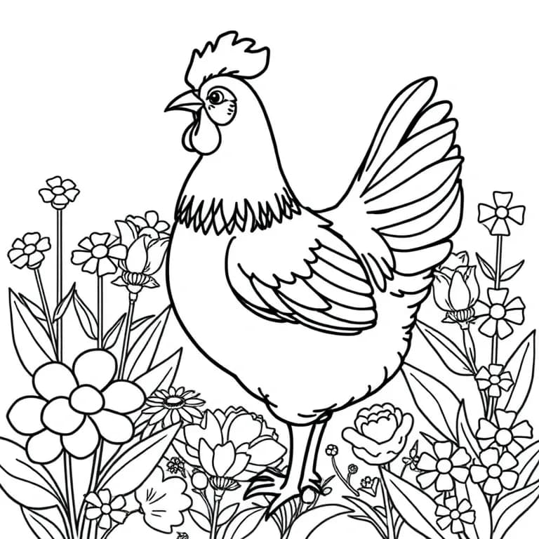 Hen in a flower garden