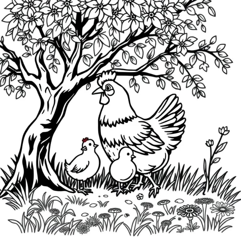 Hen and chicks under a tree