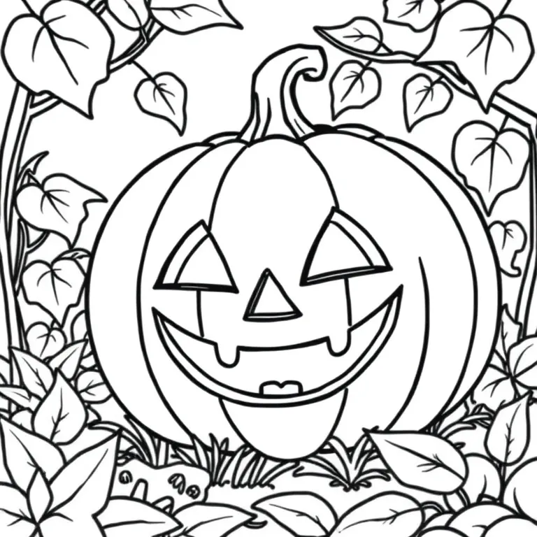 Smiling jack-o'-lantern in a garden