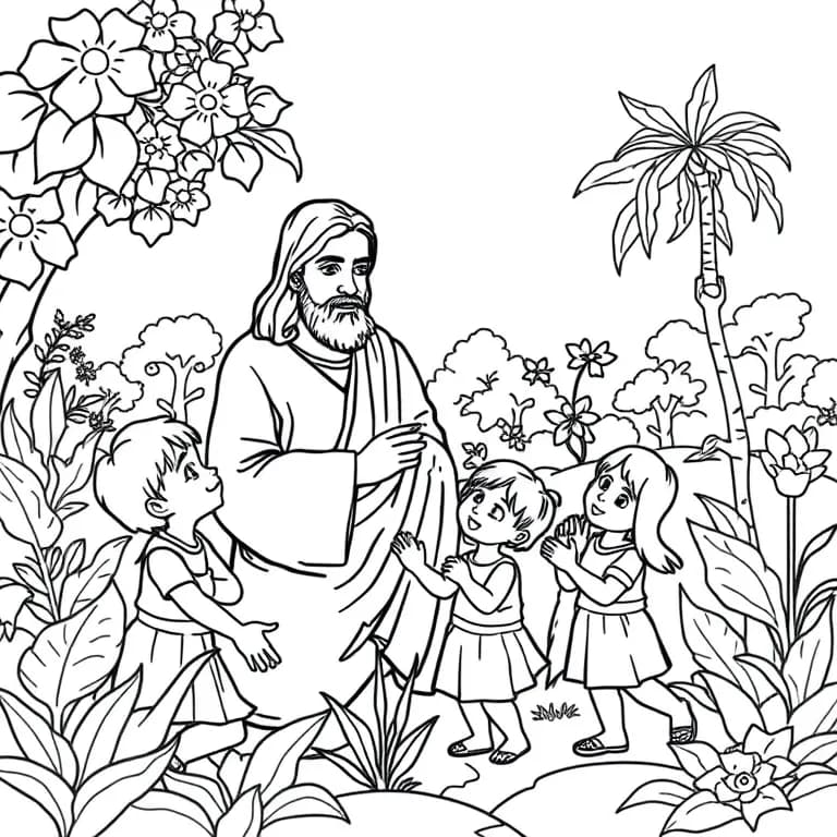 Jesus with children in a garden