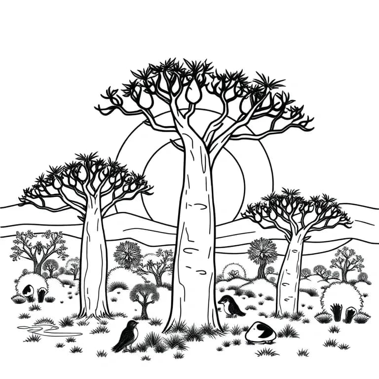 Baobab trees under a sunset