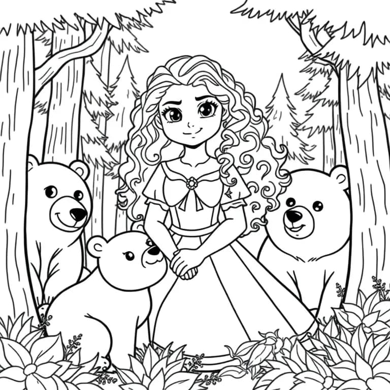 Merida in a forest with bears