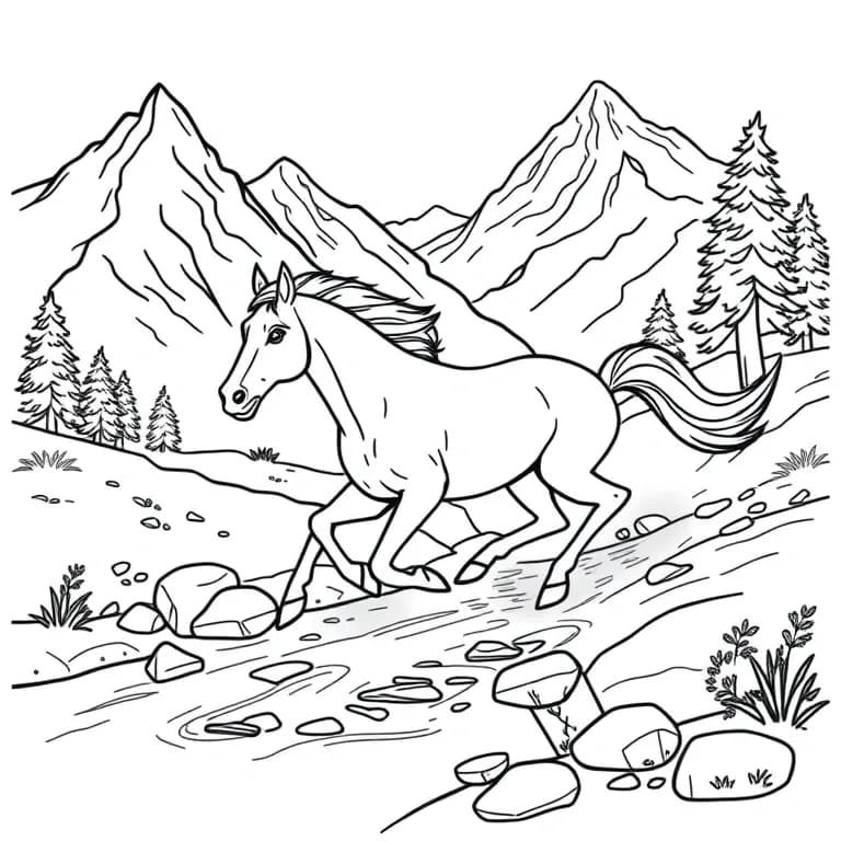 Mustang running alongside a mountain stream