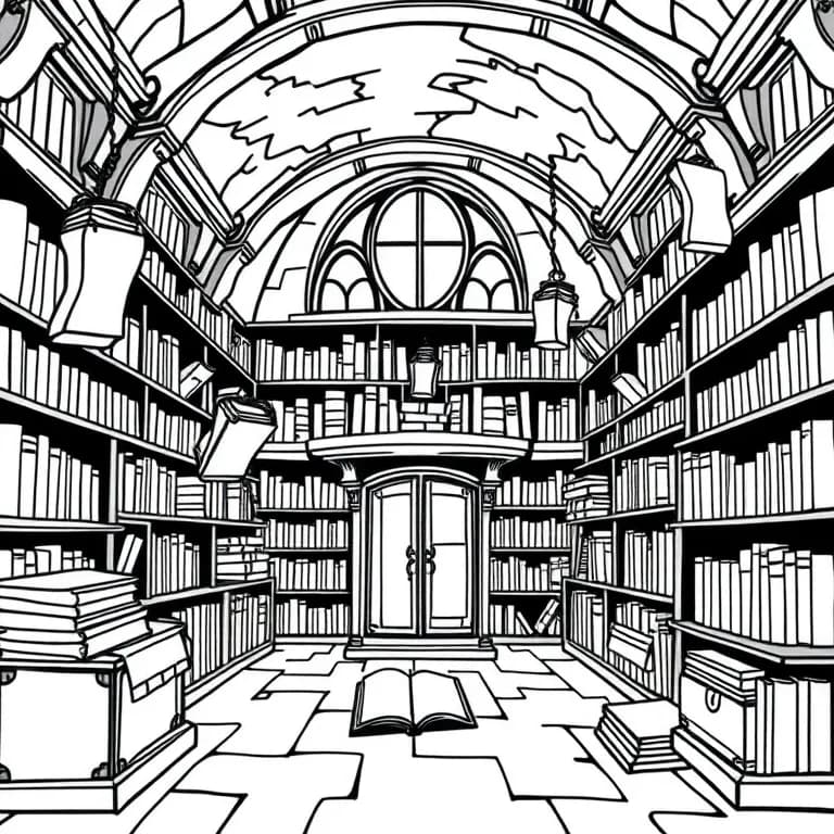 mysterious old library with floating books