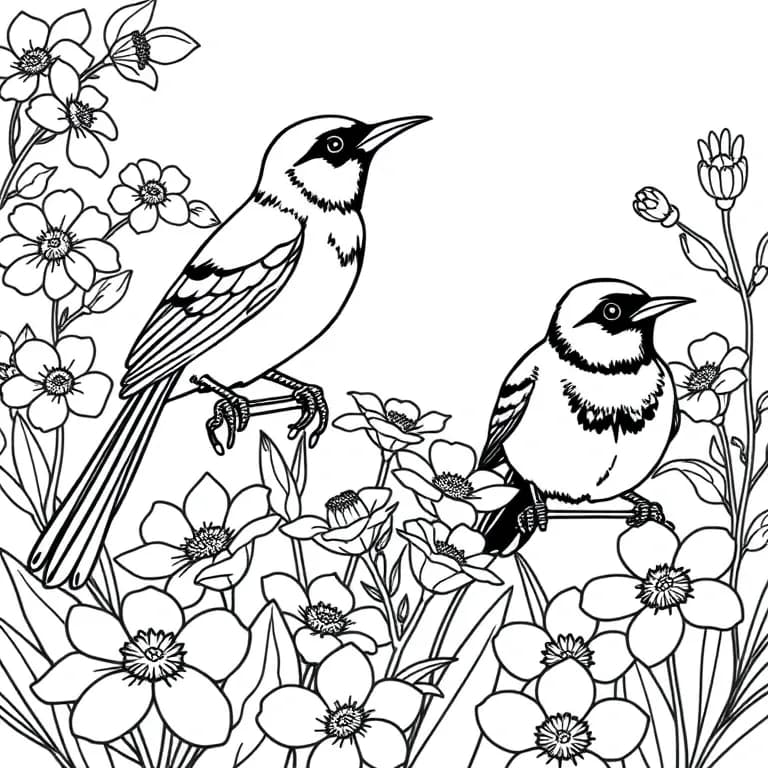 Orioles in a blooming garden