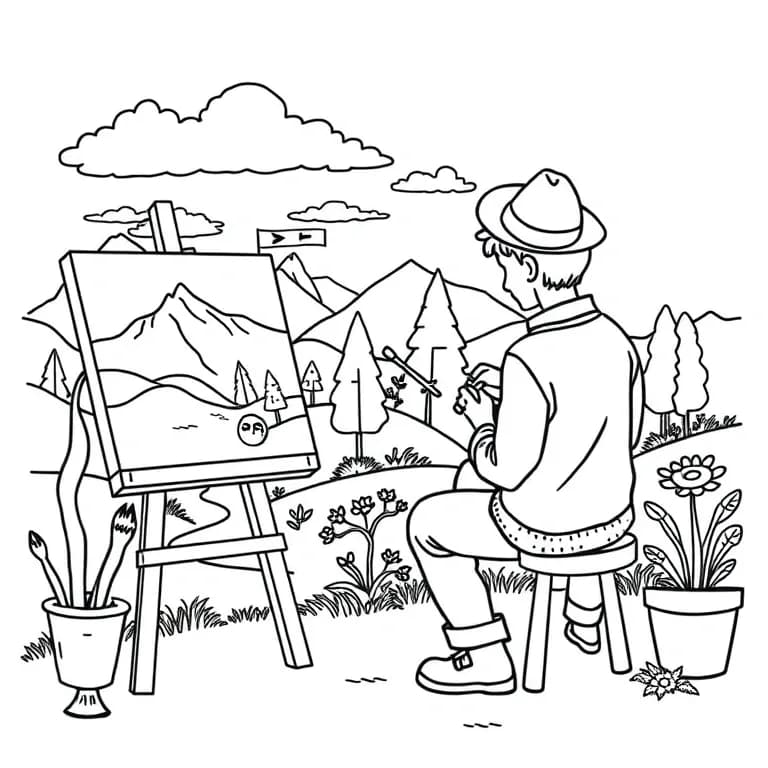Artist painting a colorful landscape