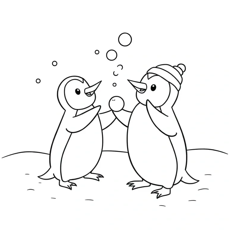 Penguins having a snowball fight