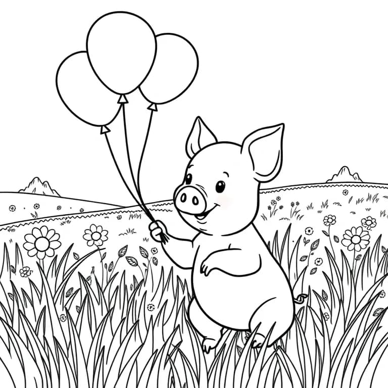 Piglet with balloons in a field