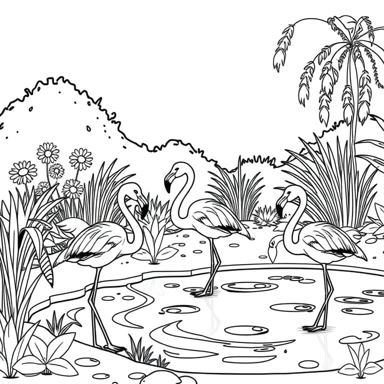 Pink flamingos by a pond