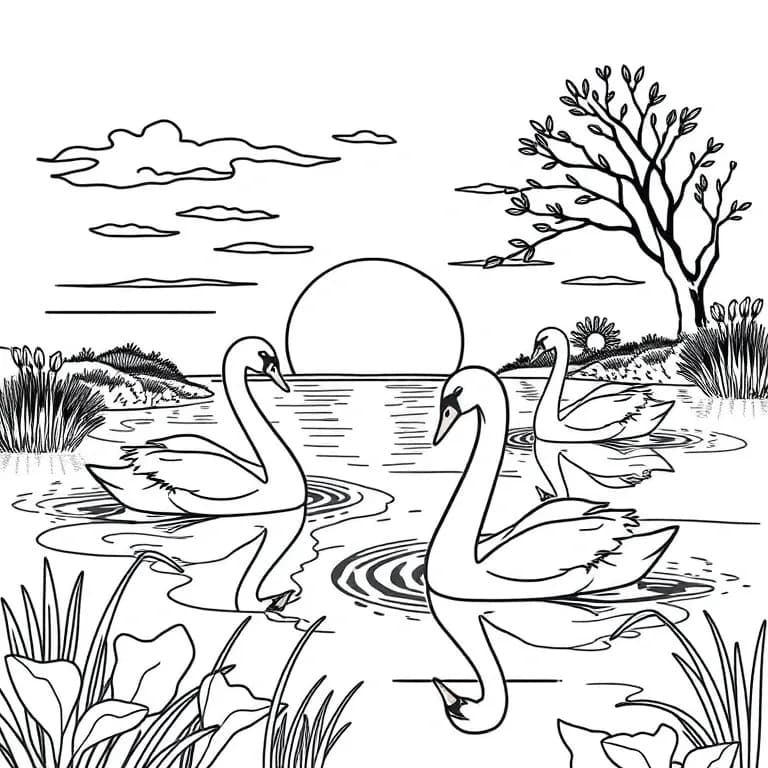 Swans gliding on a sunset pond