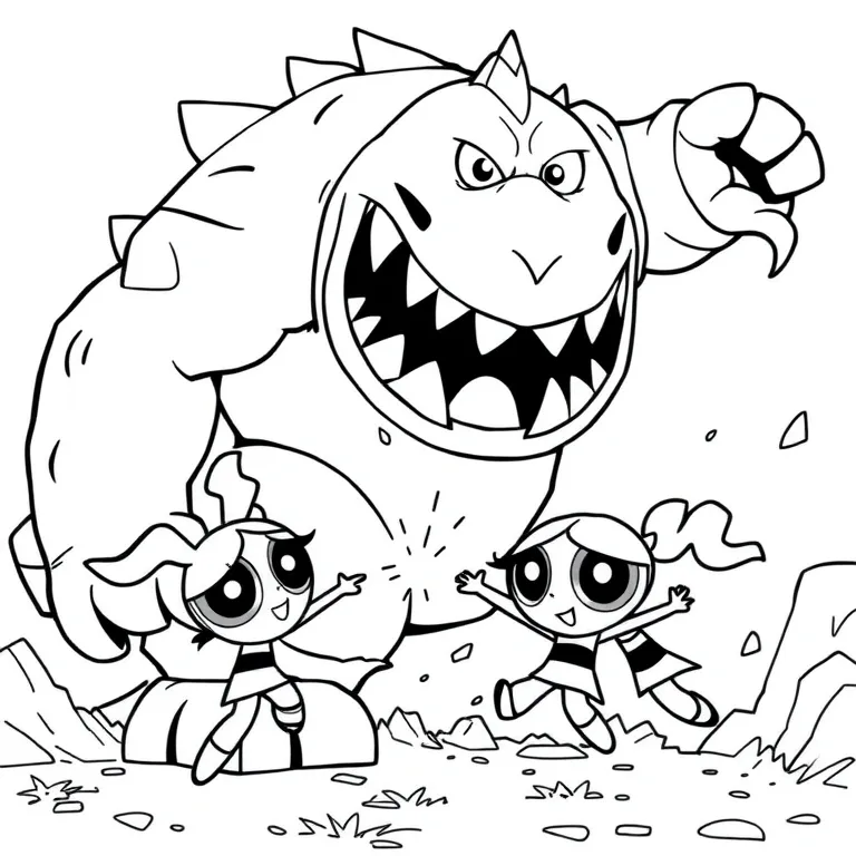 Powerpuff girls battling a giant monster