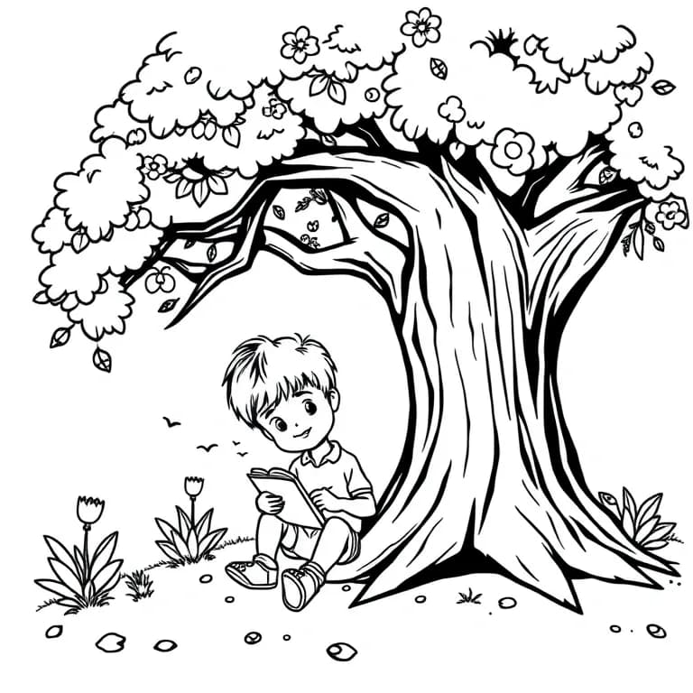 Child reading under a tree