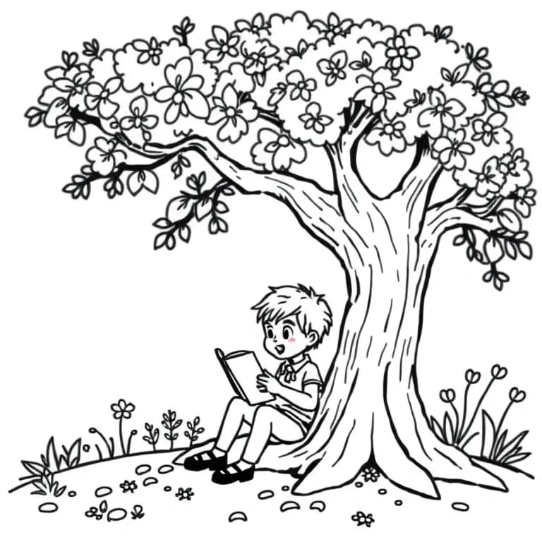 Child reading under a tree