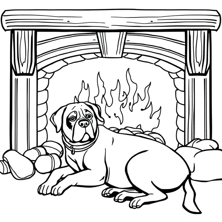 Rottweiler lounging by a fireplace