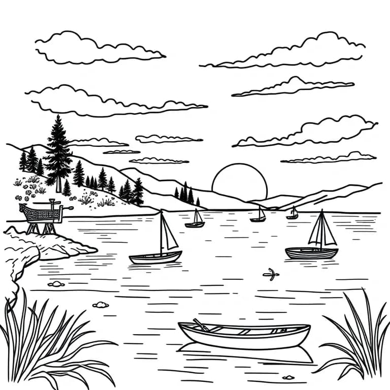 Sunset over a lake with boats