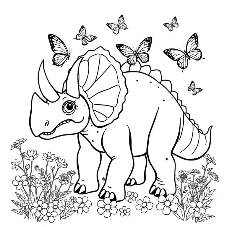 Triceratops with butterflies and flowers