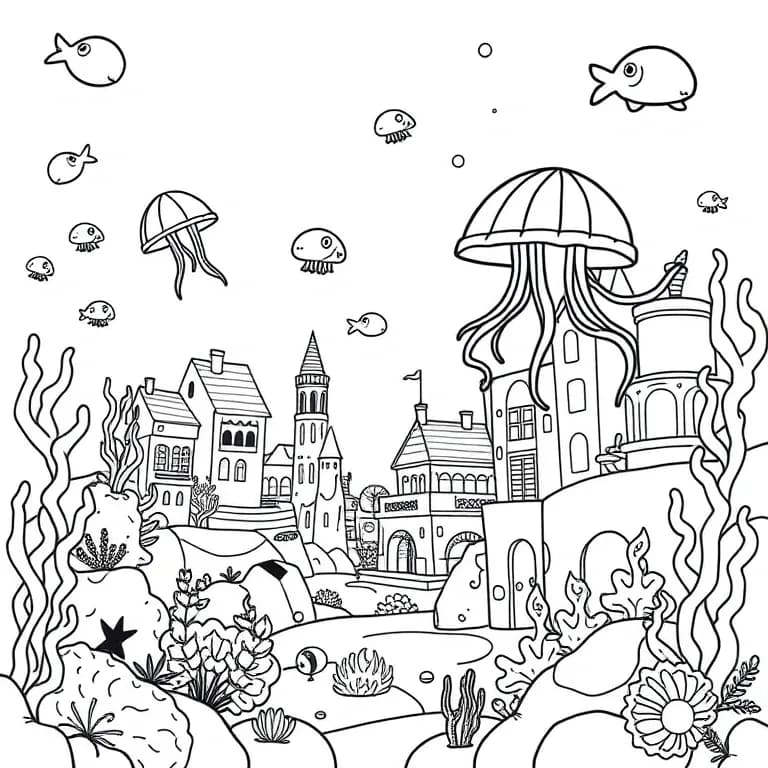 Underwater city with floating jellyfish
