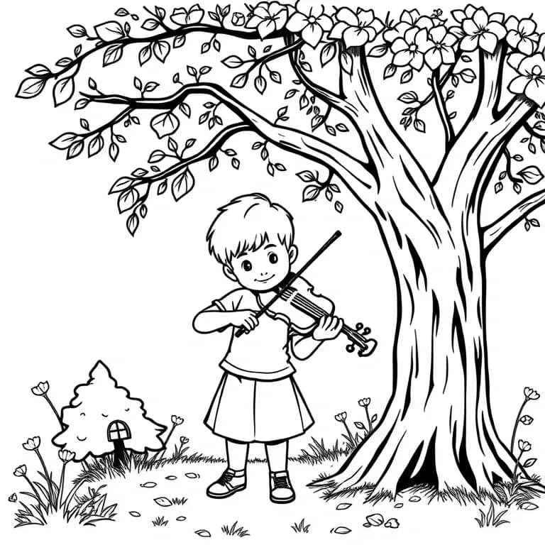 Child playing violin under a tree