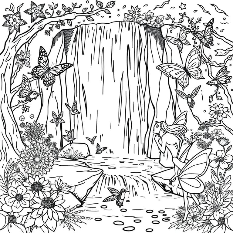Magical waterfall surrounded by fairies