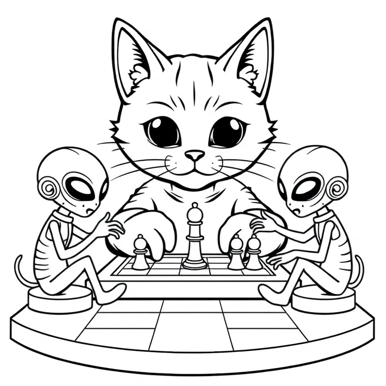 a cat playing chess with aliens