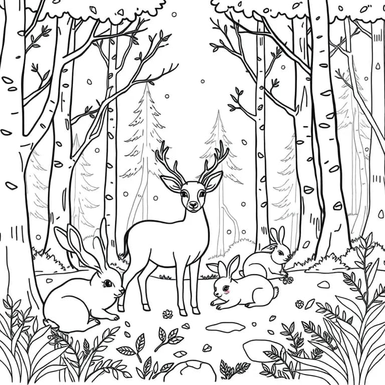 Forest with deer and rabbits