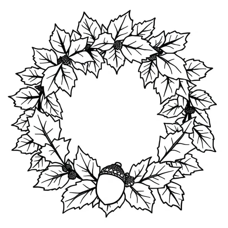 Autumn leaves wreath with acorns